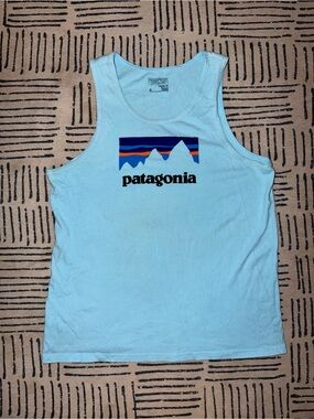 Patagonia Light Blue Tank with Mountain Stripe Logo